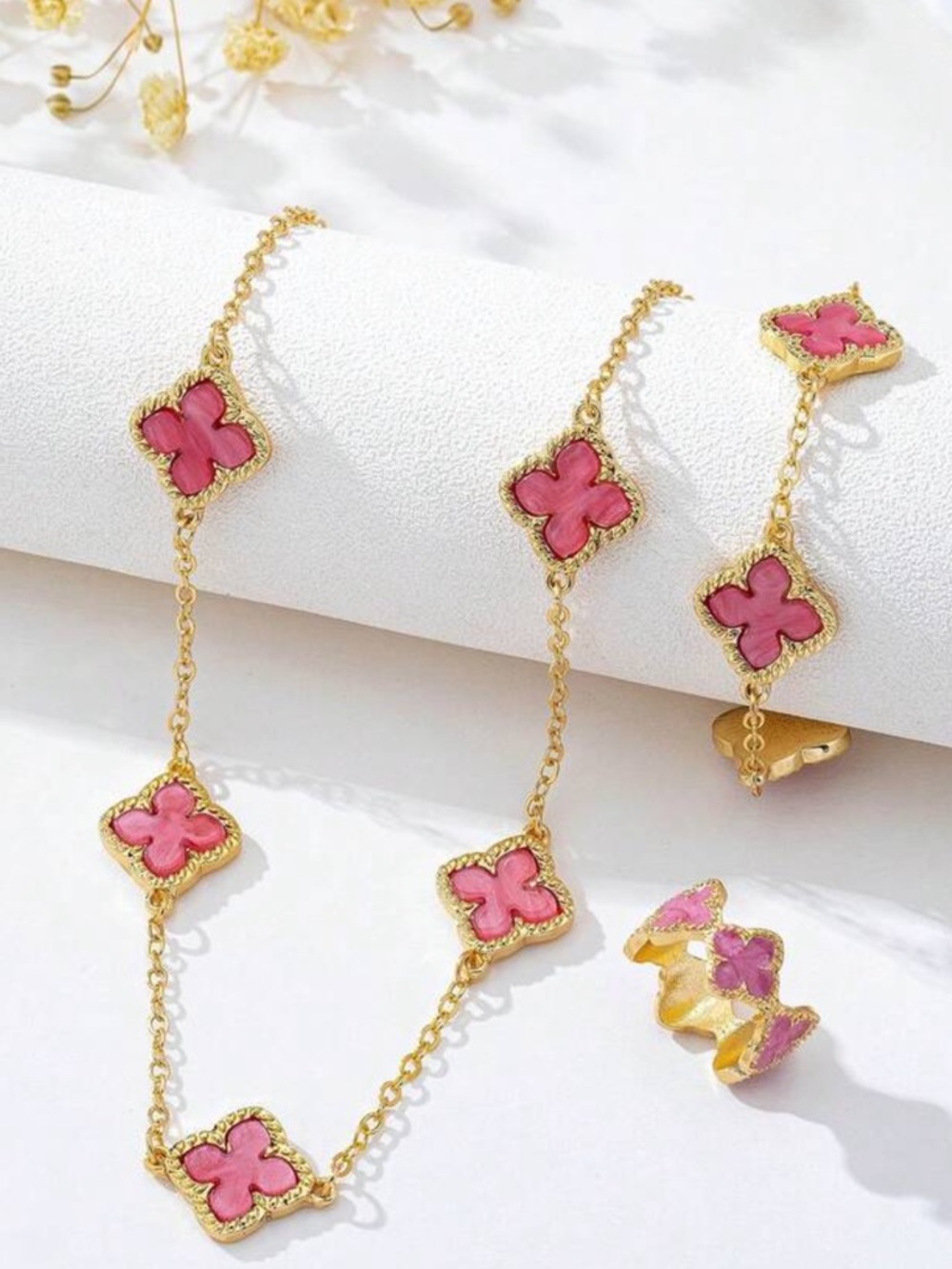 Target Gold-Tone Necklace and Ring Set with Pink Clover Accents